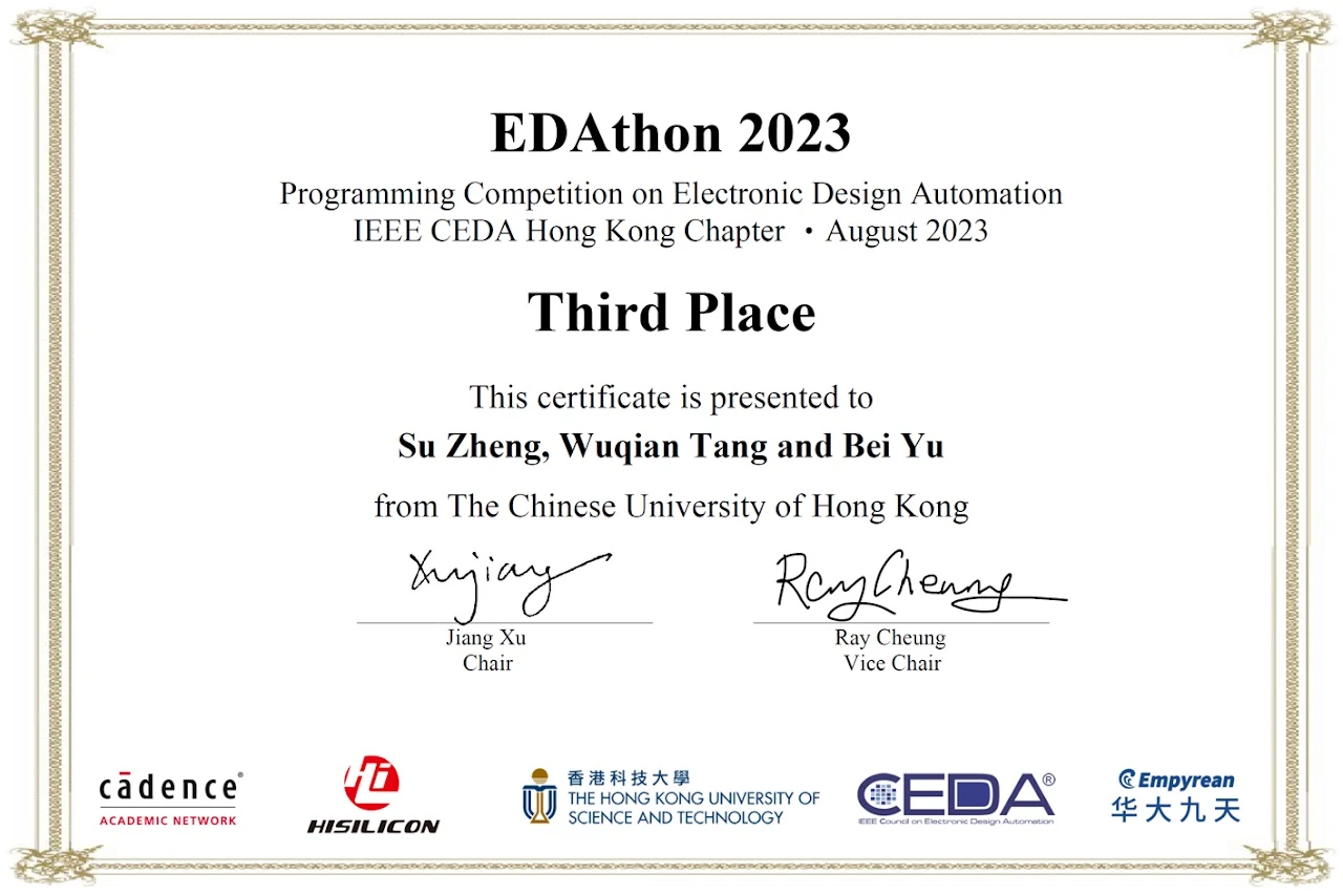 Certificate for Wuqian Tang: Third Place, EDAthon. 2023-08; English.