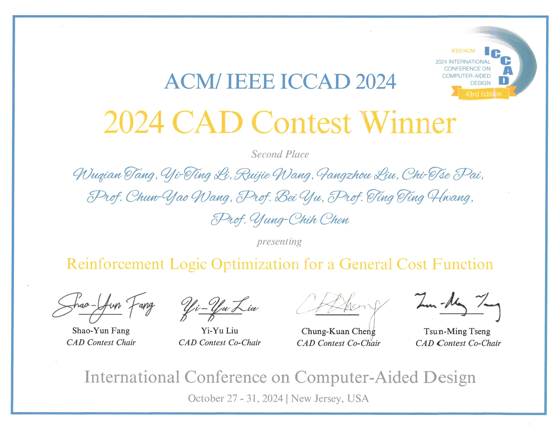Certificate for Wuqian Tang: Second Place (Problem A), ICCAD CAD Contest. 2024-10-27; Problem A; English.