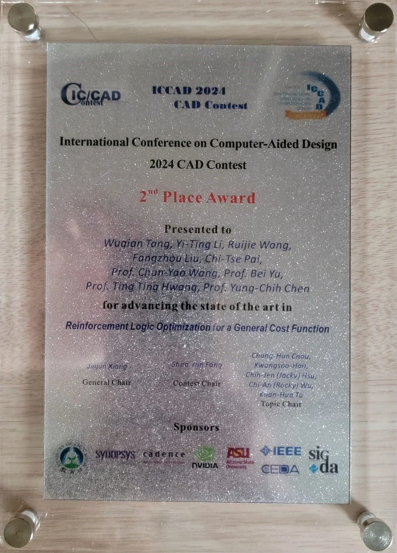 Award plaque for Wuqian Tang: Second Place (Problem A), ICCAD CAD Contest. 2024-10-27; Problem A.