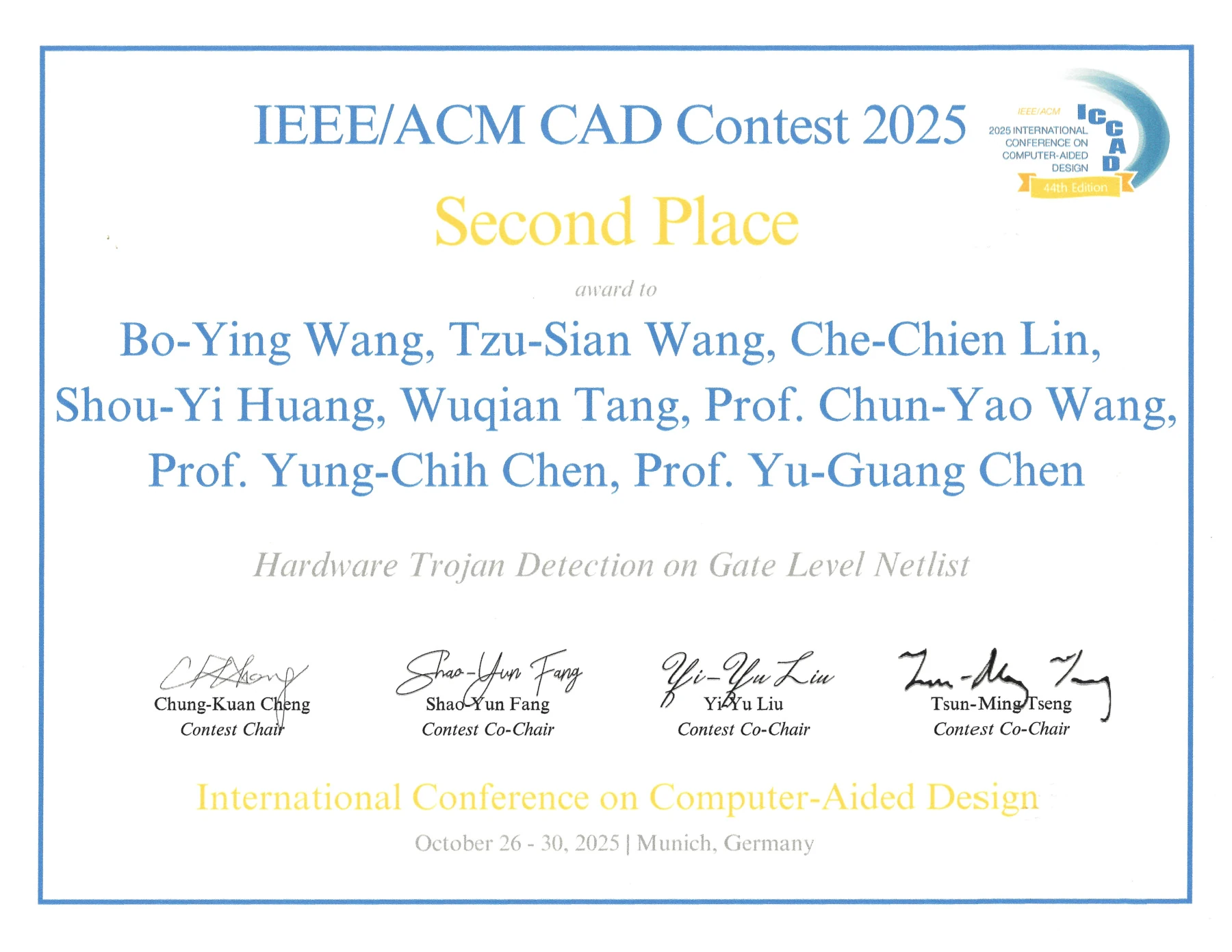 Certificate for Wuqian Tang: Second Place (Problem A), ICCAD CAD Contest. 2025-10-26; Problem A; English.