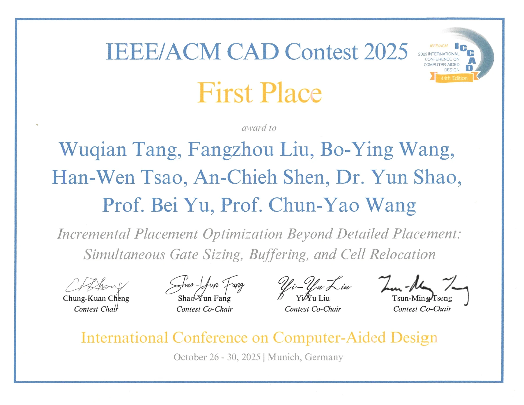 Certificate for Wuqian Tang: First Place (Problem C), ICCAD CAD Contest. 2025-10-26; Problem C; English.