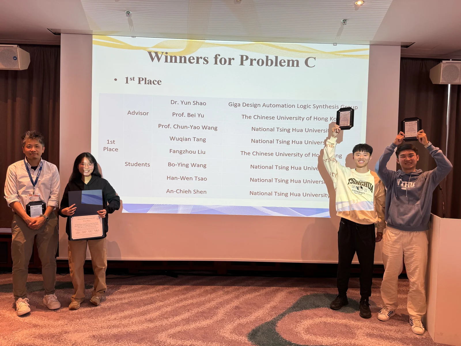 ICCAD 2025 CAD Contest Problem C award presentation, with Wuqian Tang's first-place team listed on the projection screen.