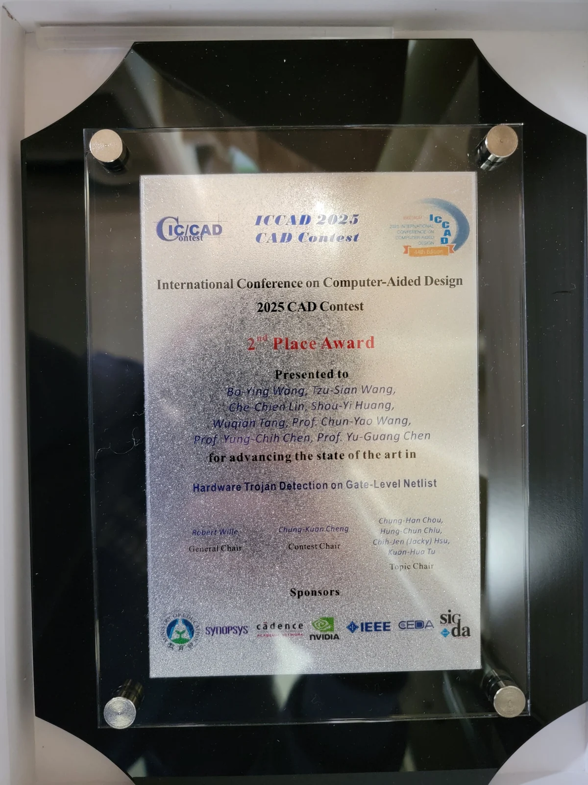 Award plaque for Wuqian Tang: Second Place (Problem A), ICCAD CAD Contest. 2025-10-26; Problem A.