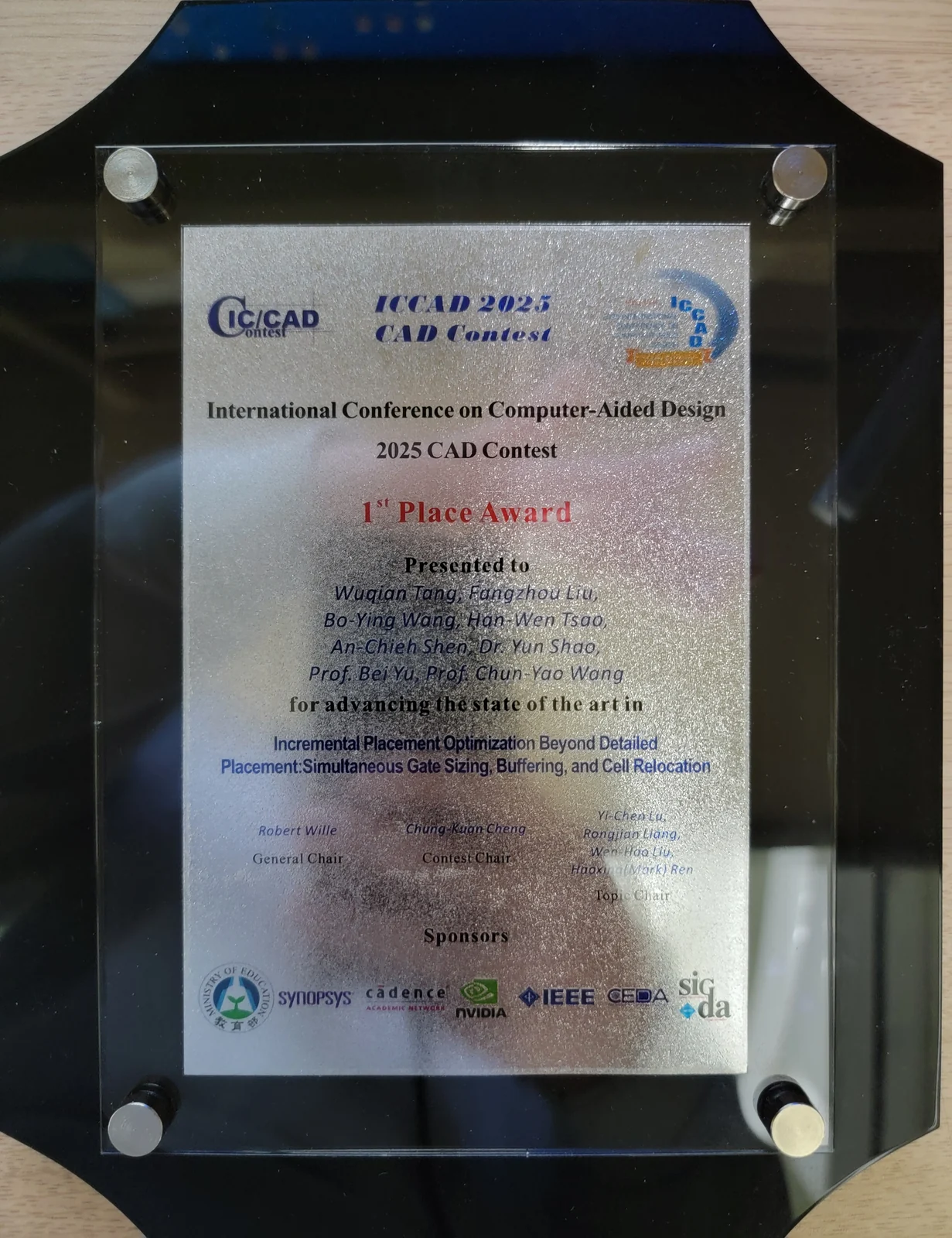 Award plaque for Wuqian Tang: First Place (Problem C), ICCAD CAD Contest. 2025-10-26; Problem C.