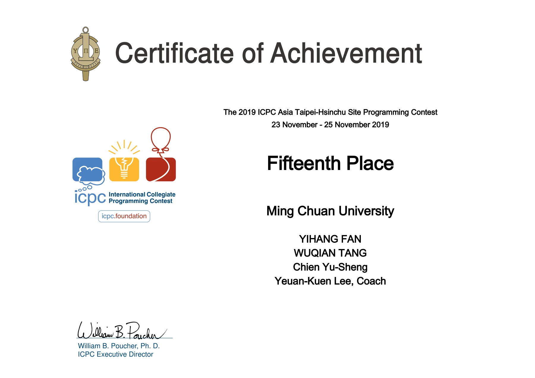 Certificate for Wuqian Tang: Bronze Award, ICPC Asia Taipei–Hsinchu Regional. 2019-11-23; English.