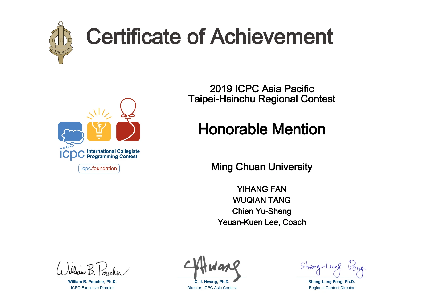 Certificate for Wuqian Tang: Bronze Award, ICPC Asia Taipei–Hsinchu Regional. 2019-11-23; English.