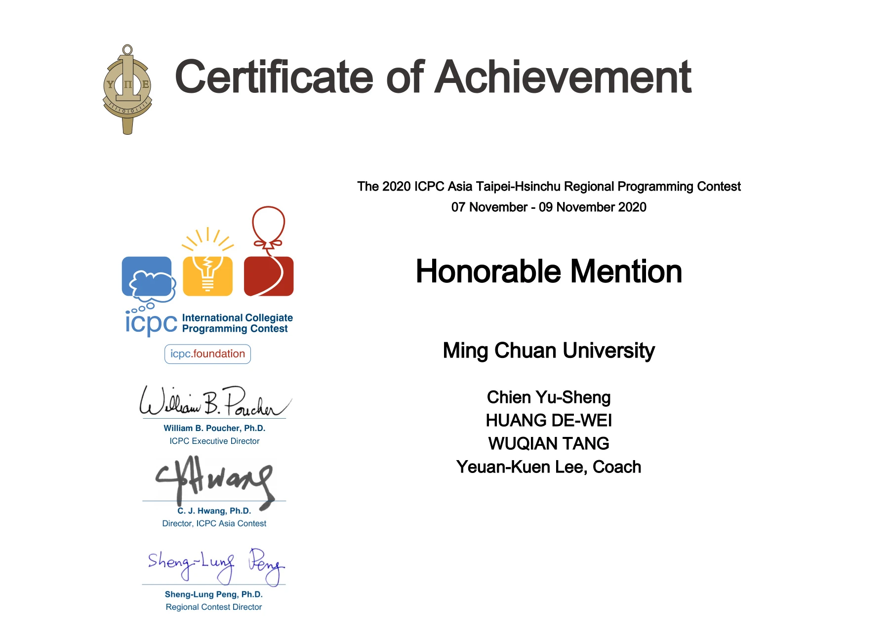 Certificate for Wuqian Tang: Silver Award, ICPC Asia Taipei–Hsinchu Regional. 2020-11-07; English.
