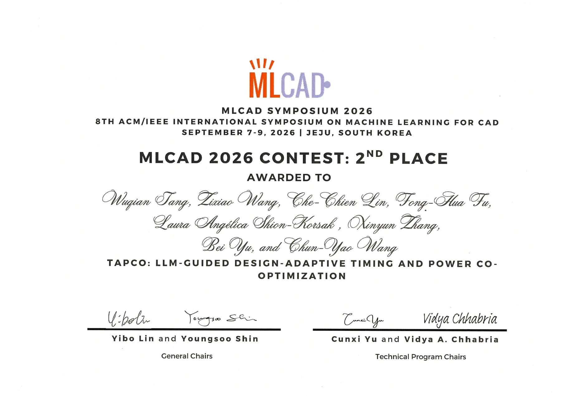 Certificate for Wuqian Tang: Second Place, MLCAD Contest. 2026-09-07; English.